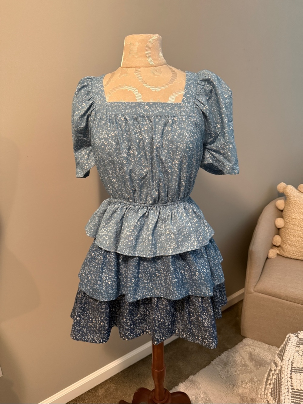 Fate Blue Floral Tiered Puff-Sleeve Dress